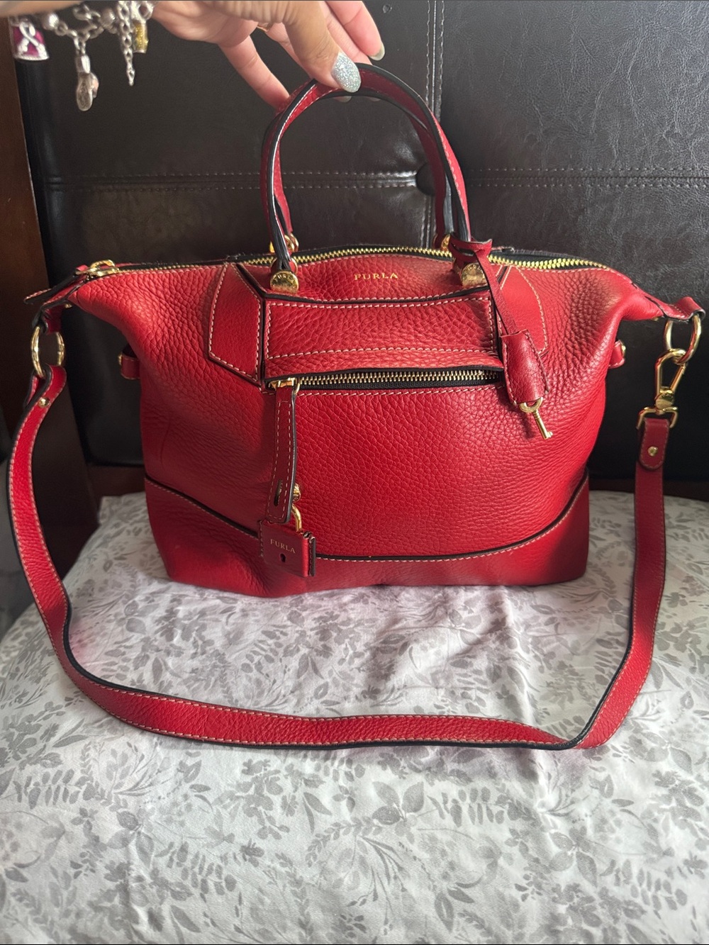 Furla Red Pebbled Leather Satchel with Detachable Strap